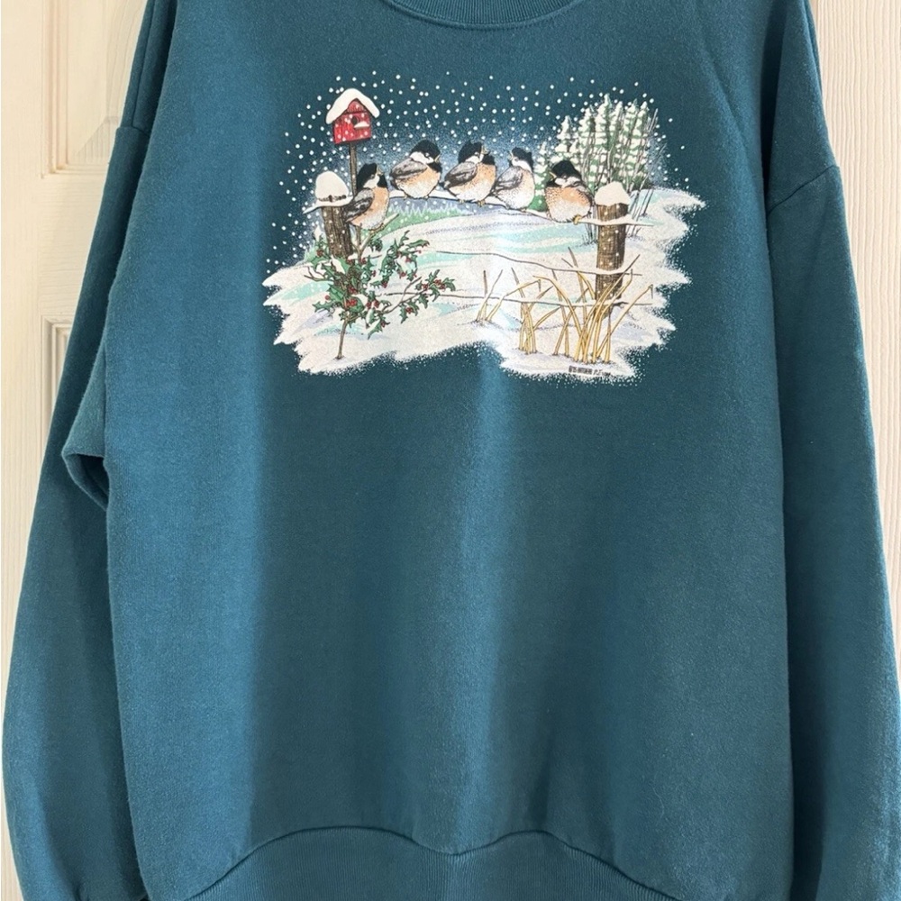 Vintage 1995 Artwear Winter Snow Birds Theme Graphic Women’s Green Sweatshirt XL